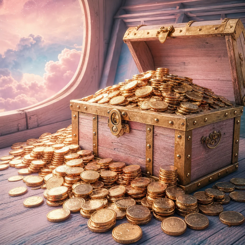 Golden coins cascading through soft pastel dream clouds